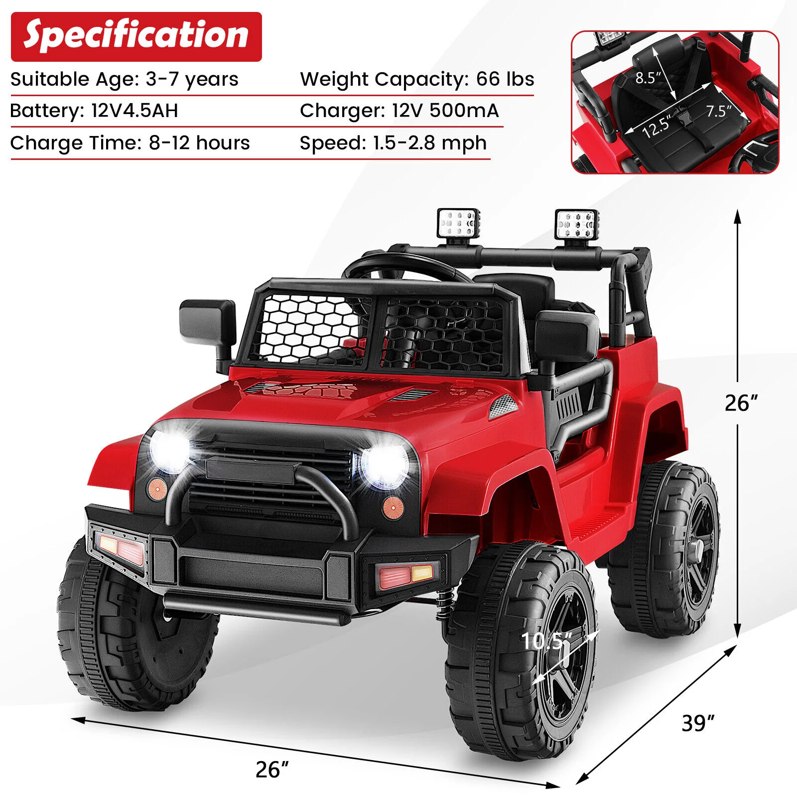 Red 12V Electric Ride-On Truck for Kids with Remote Control, Music, and Lights - Image 2