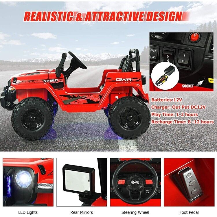 Red 12V Electric Ride-On Truck with Remote Control and LED Lights for Kids - Image 6