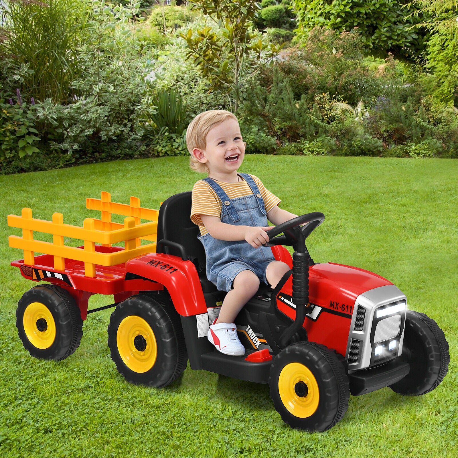 Red 12V Kids Ride On Tractor with Trailer and Remote Control - Featuring Ground Loader and Lights - Image 4