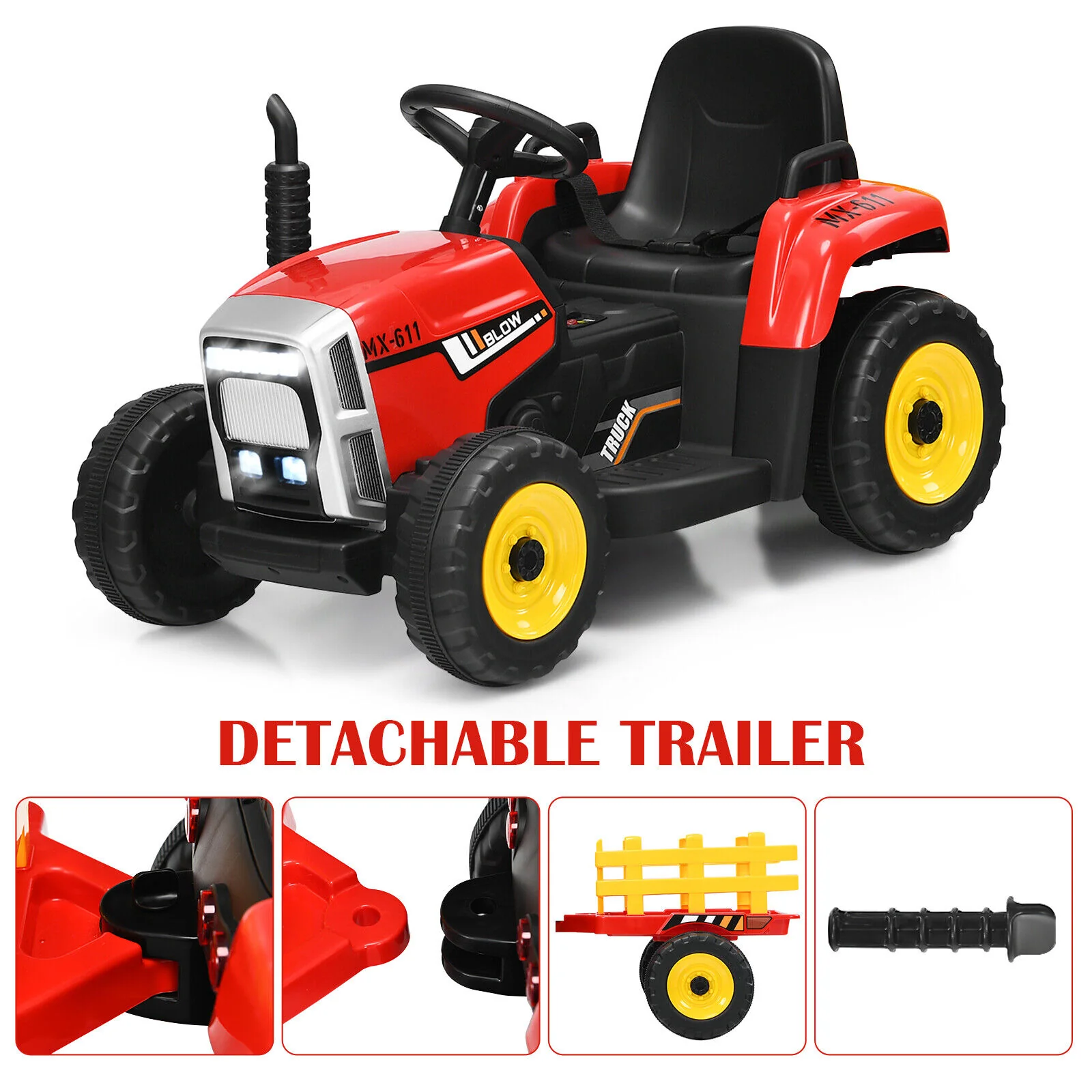 Red 12V Kids Ride On Tractor with Trailer and Remote Control - Featuring Ground Loader and Lights - Image 5
