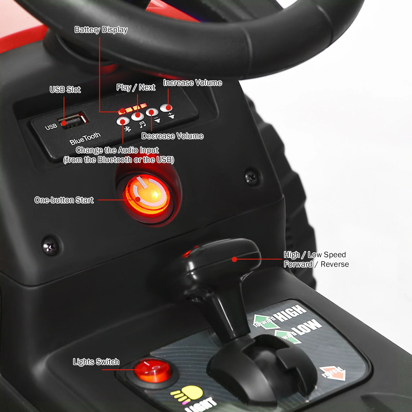 Red 12V Kids Ride On Tractor with Trailer and Remote Control - Featuring Ground Loader and Lights - Image 7