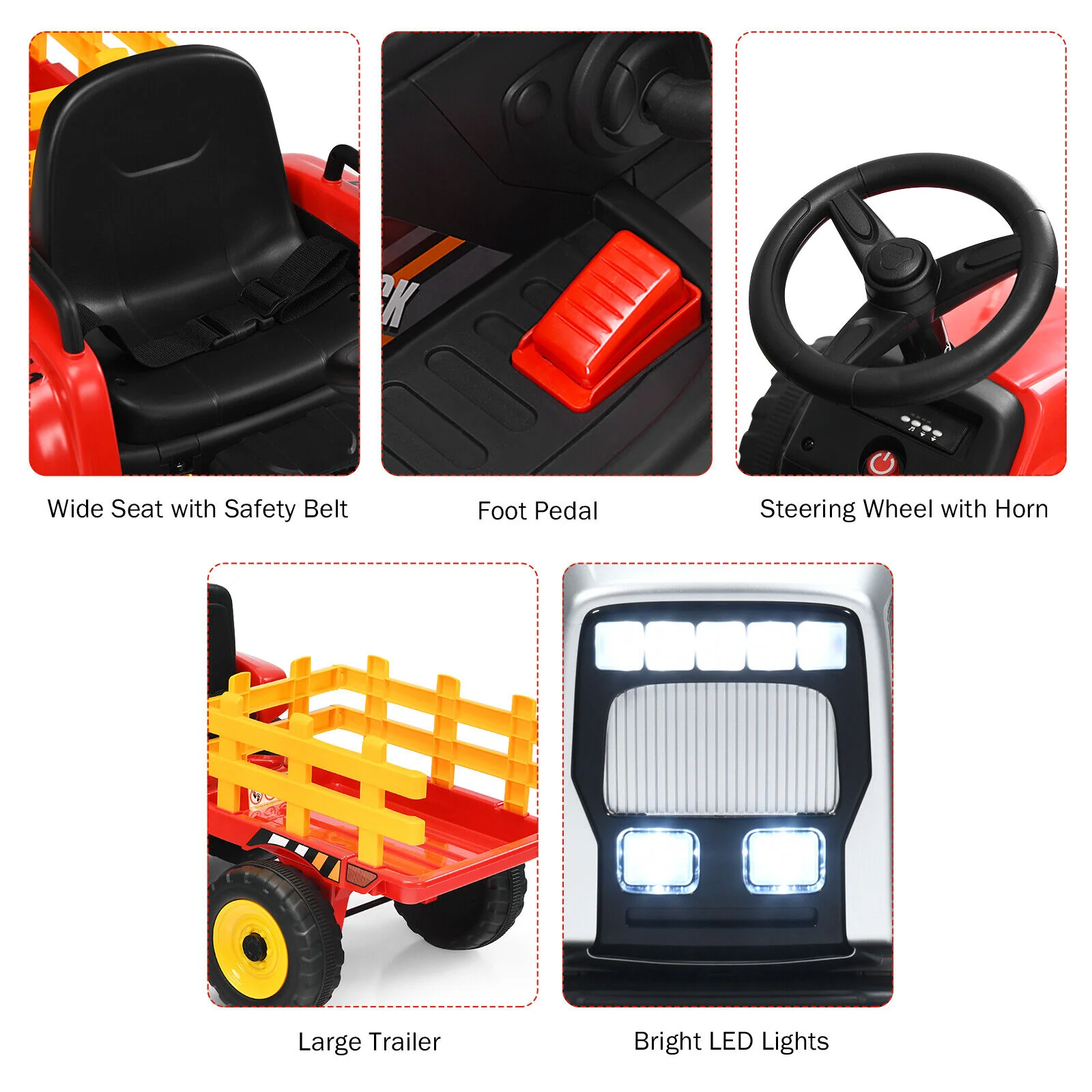 Red 12V Kids Ride On Tractor with Trailer and Remote Control - Featuring Ground Loader and Lights - Image 8