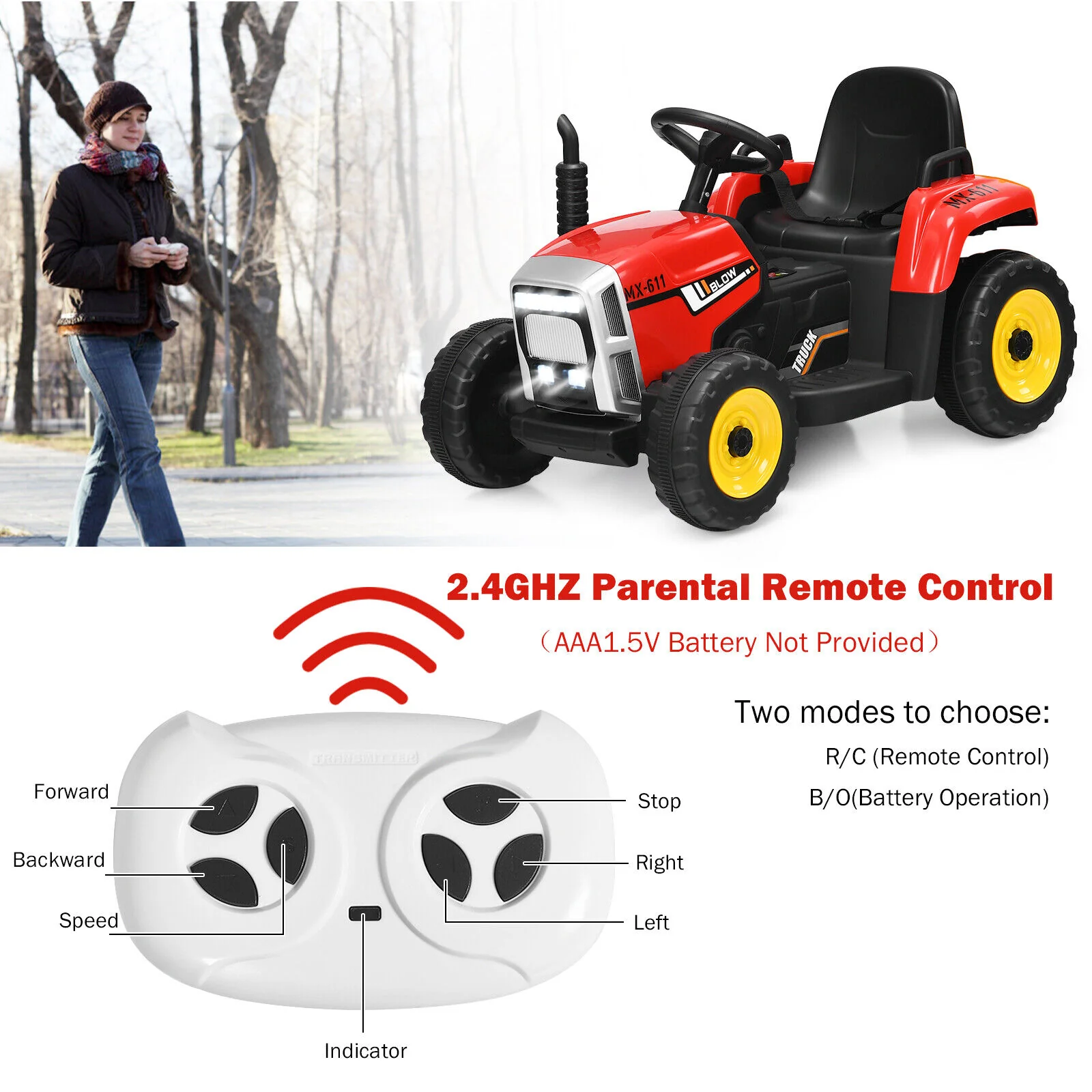 Red 12V Kids Ride On Tractor with Trailer and Remote Control - Featuring Ground Loader and Lights - Image 9