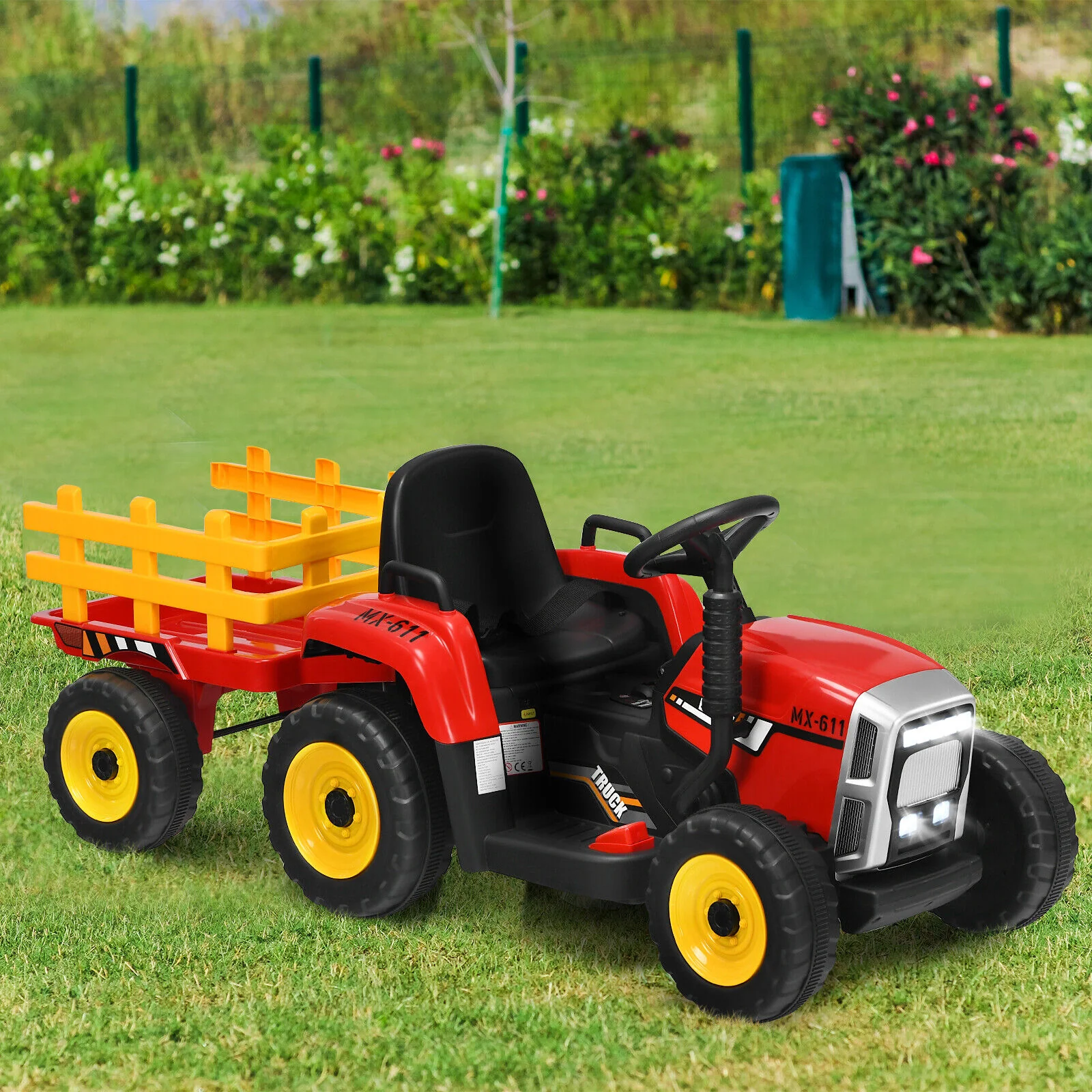 Red 12V Kids Ride On Tractor with Trailer, Remote Control, and LED Lights - Image 3