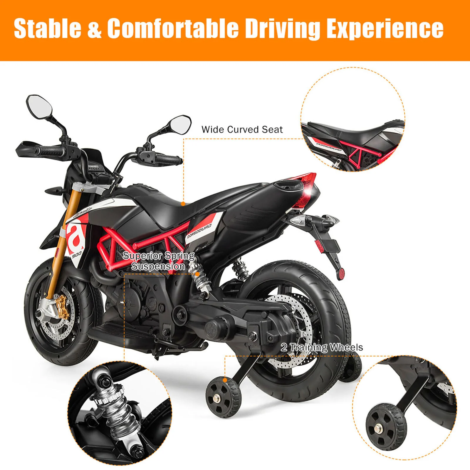 Red 12V Licensed Kids Ride On Motorcycle with Headlight and Training Wheel - Image 9