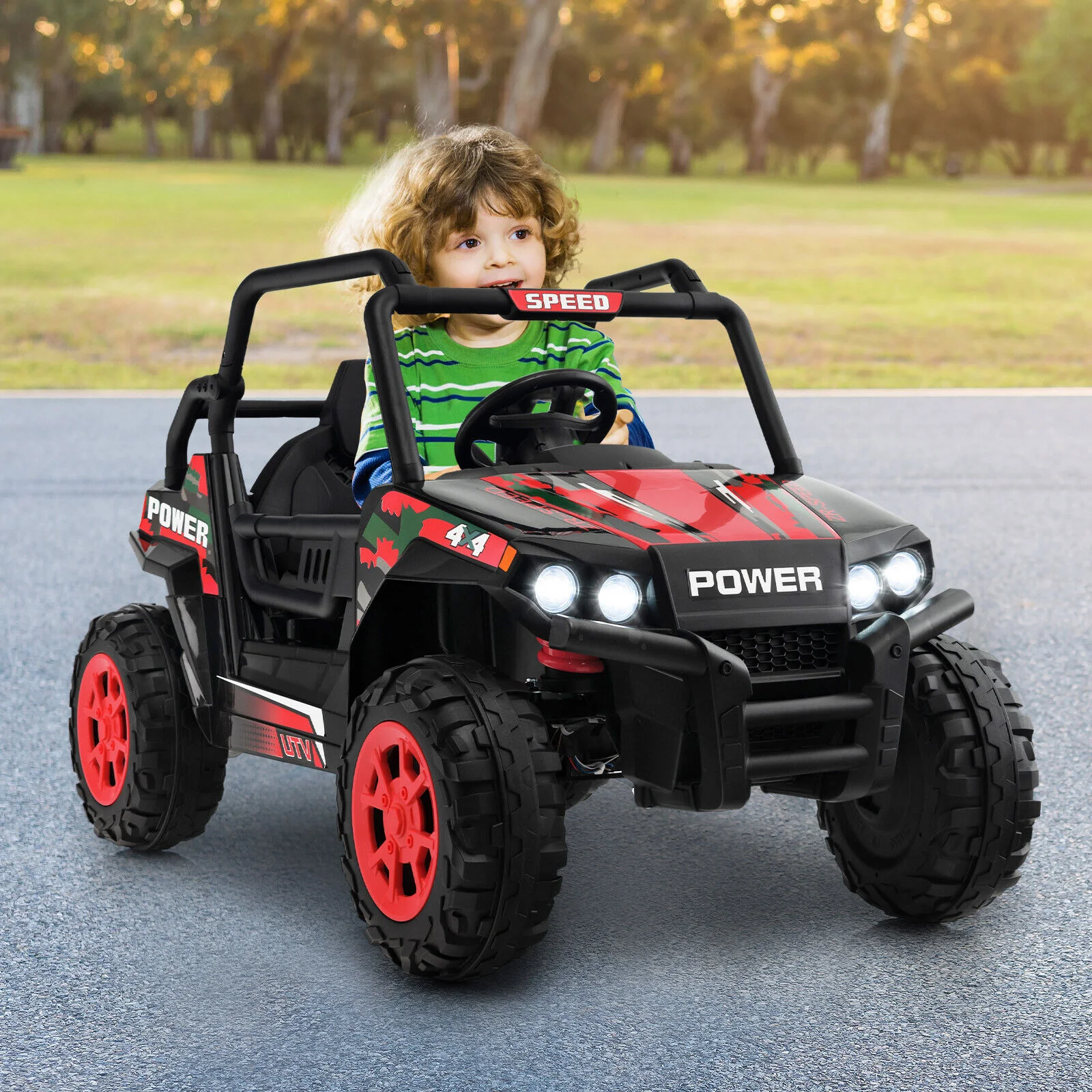 Red 12V Off-Road Electric Ride-On Truck with Realistic Horns and Engine Sounds for Kids - Image 3