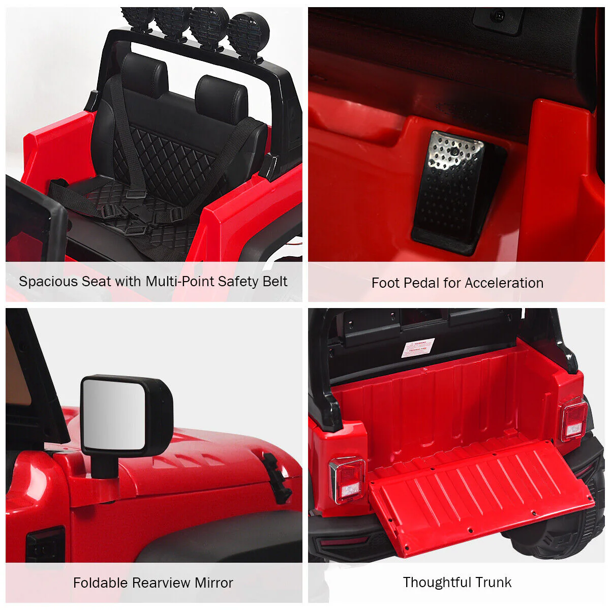 Red 12V RC Ride-On Truck with Spring Suspension, Lights, and Music for Kids - Image 12