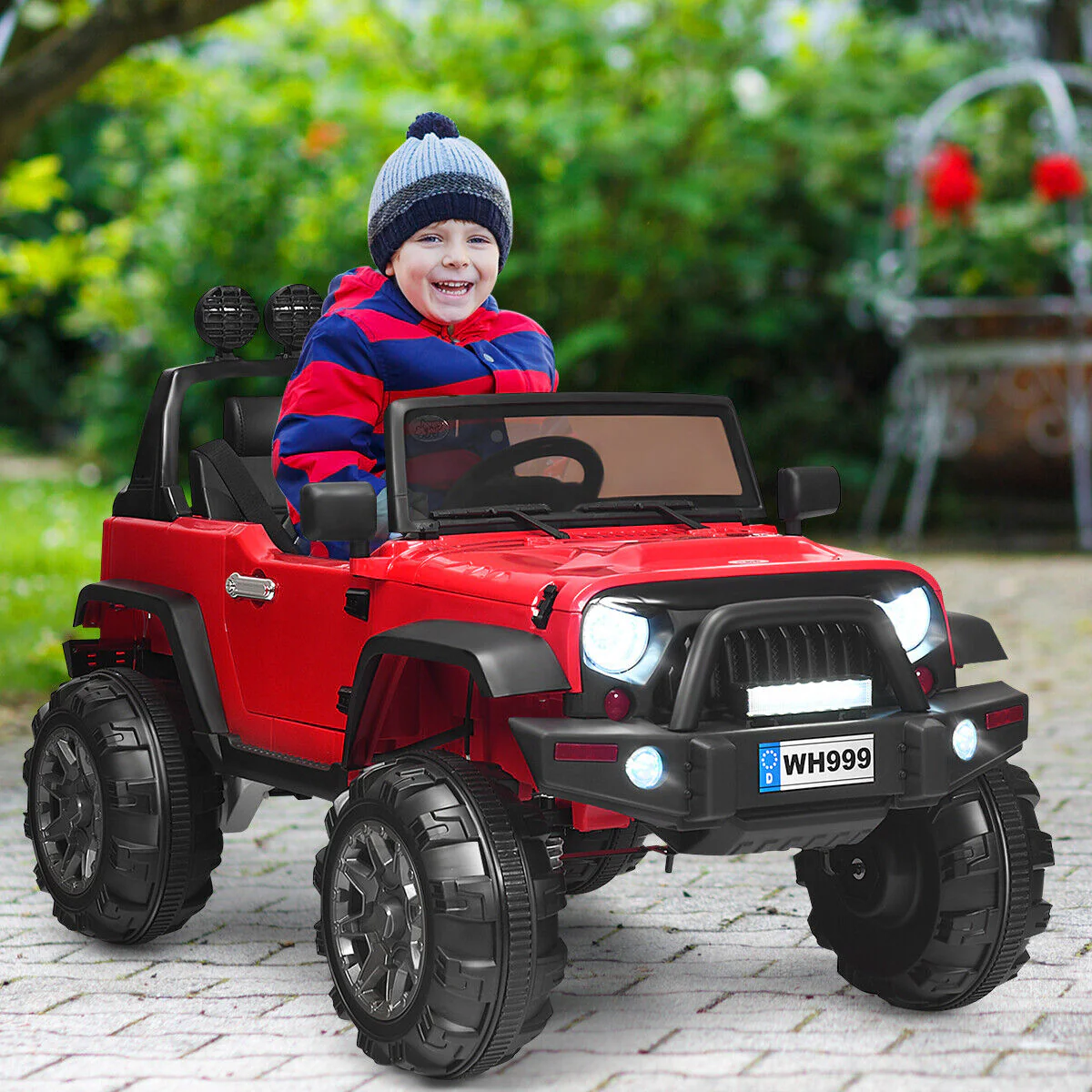 Red 12V RC Ride-On Truck with Spring Suspension, Lights, and Music for Kids - Image 3