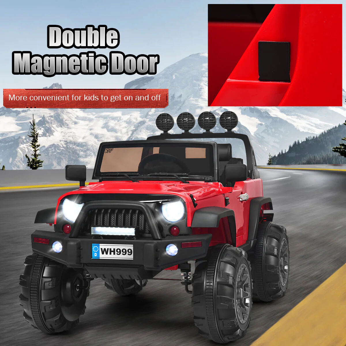 Red 12V RC Ride-On Truck with Spring Suspension, Lights, and Music for Kids - Image 6