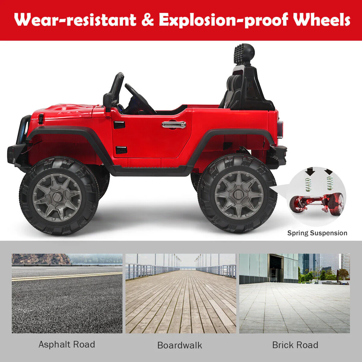 Red 12V RC Ride-On Truck with Spring Suspension, Lights, and Music for Kids - Image 8