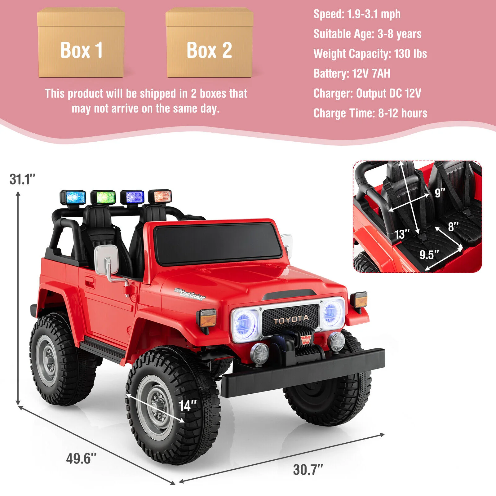 Red 2-Seater Battery Powered Ride-On Car with 3-Point Seat Belts and Doors - Image 2