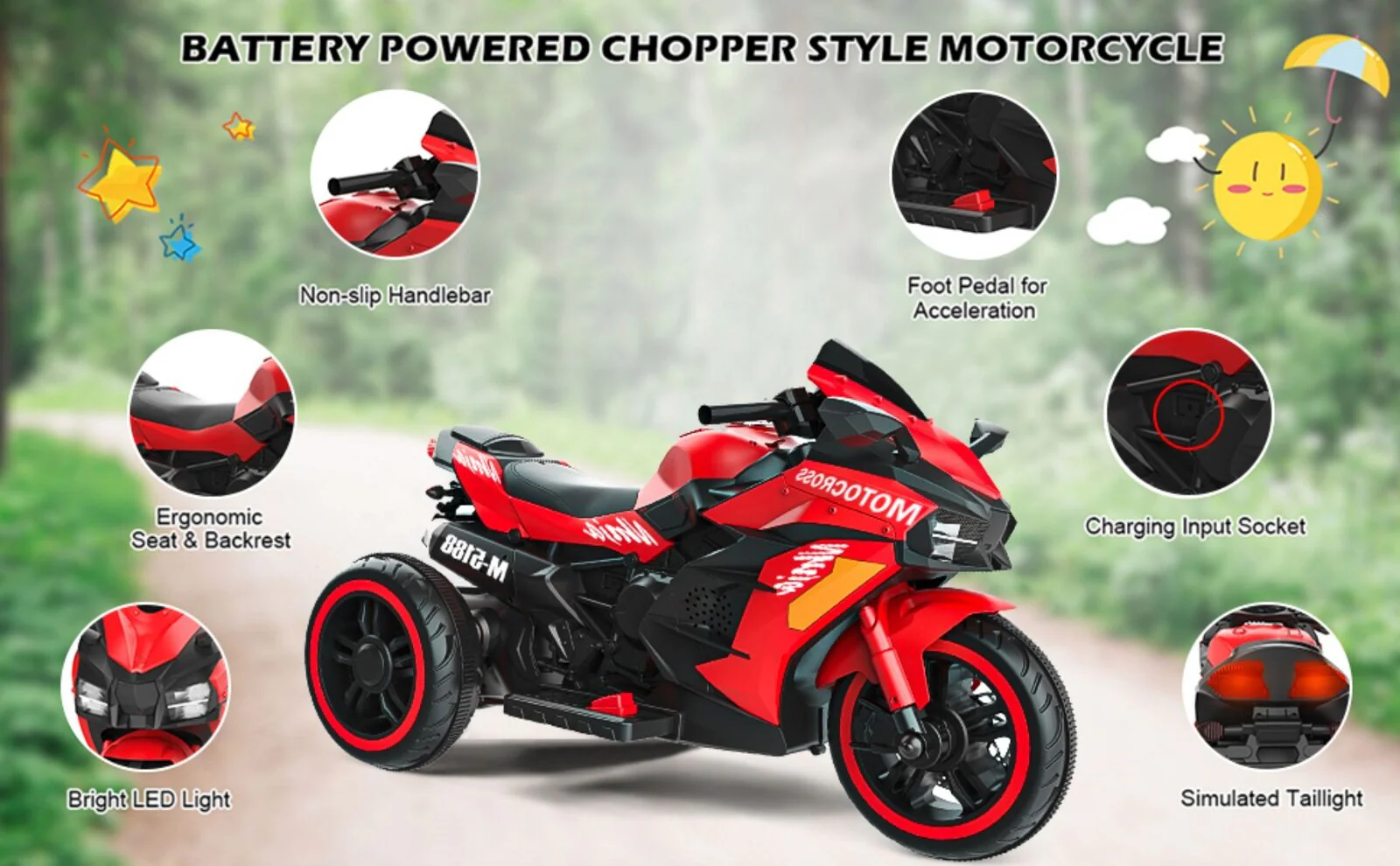 Red 3-Wheel Electric Motorcycle for Kids with Rechargeable 12V Battery - Image 2