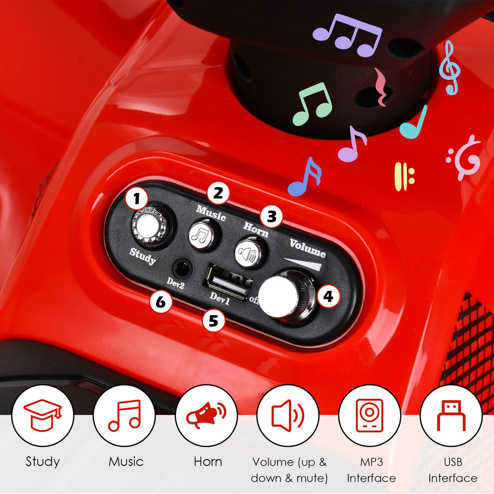 Red 6V Quad Ride-On Car for Kids with Music, Horn, and LED Lights - Image 6