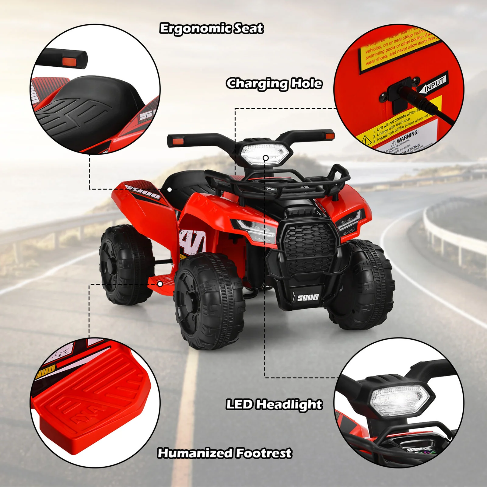 Red 6V Quad Ride-On Car for Kids with Music, Horn, and LED Lights - Image 9
