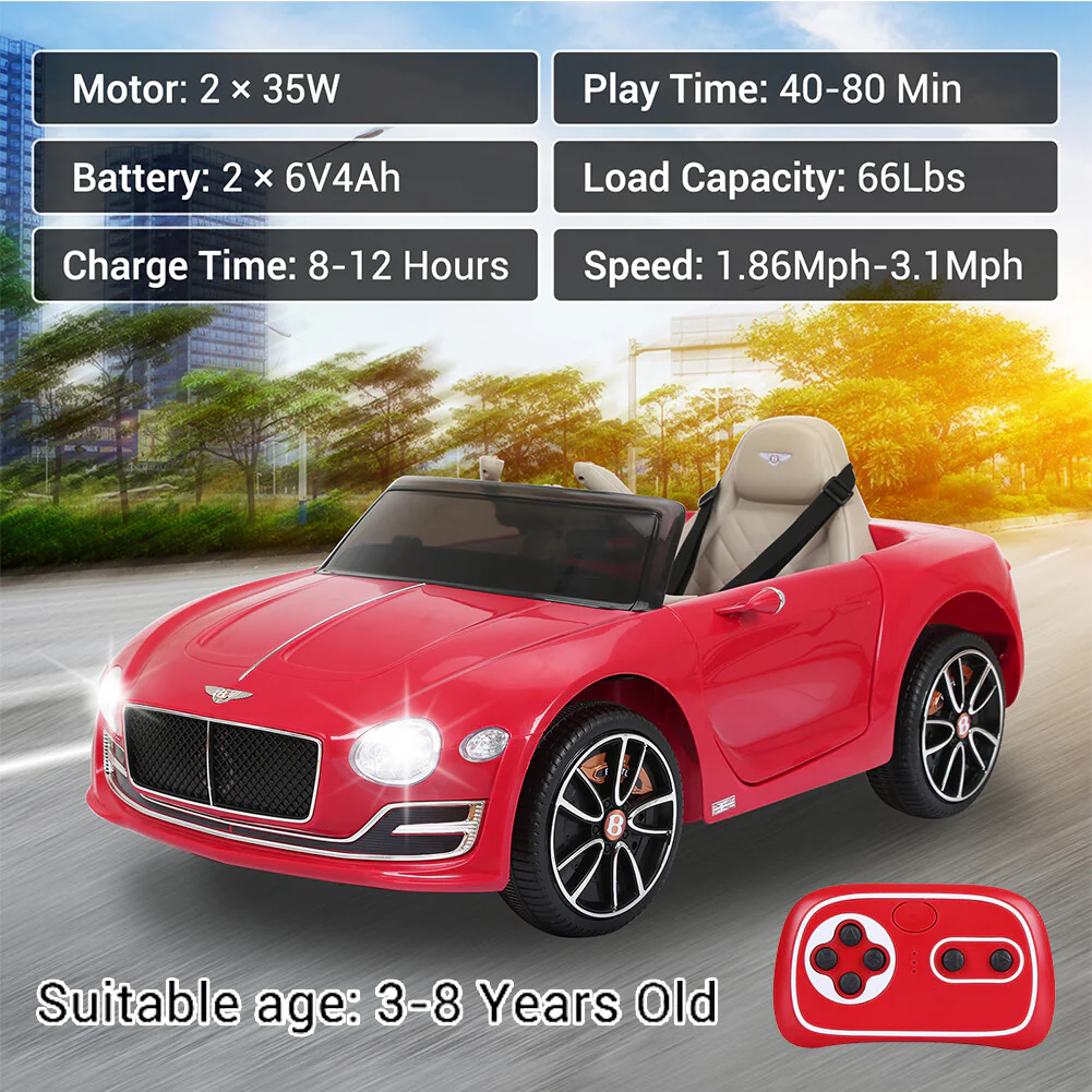 Red Bentley-Style 12V Electric Kids Ride-On Car with Remote Control and LED Lights