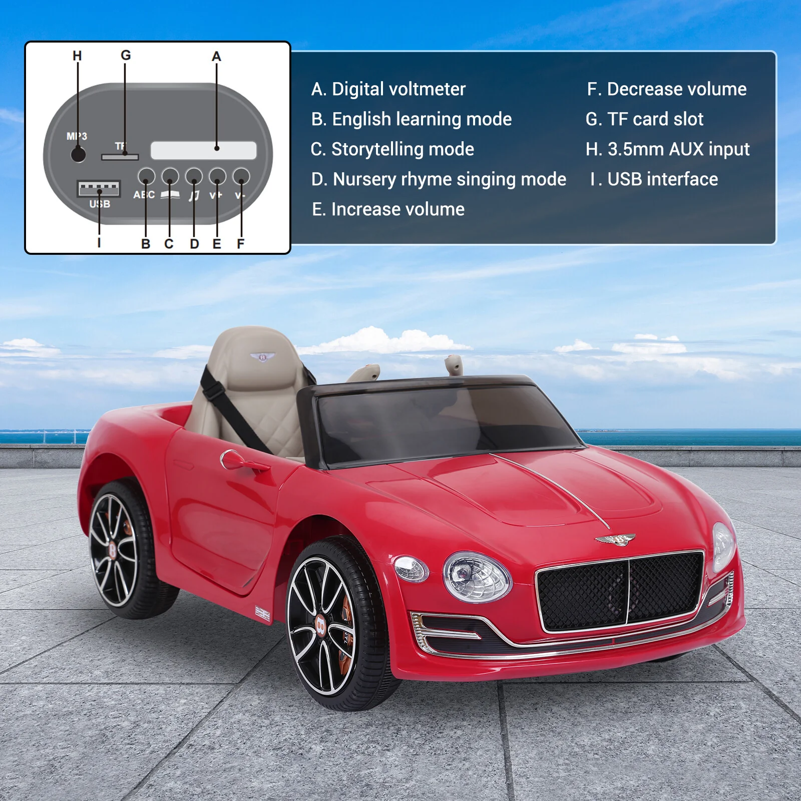 Red Bentley-Style 12V Electric Kids Ride-On Car with Remote Control and LED Lights - Image 6