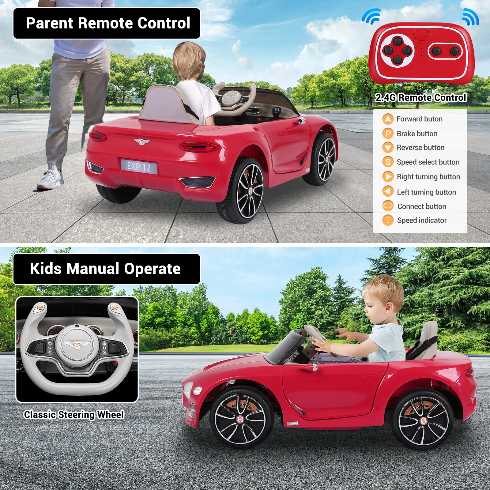 Red Bentley-Style 12V Electric Kids Ride-On Car with Remote Control and LED Lights - Image 7