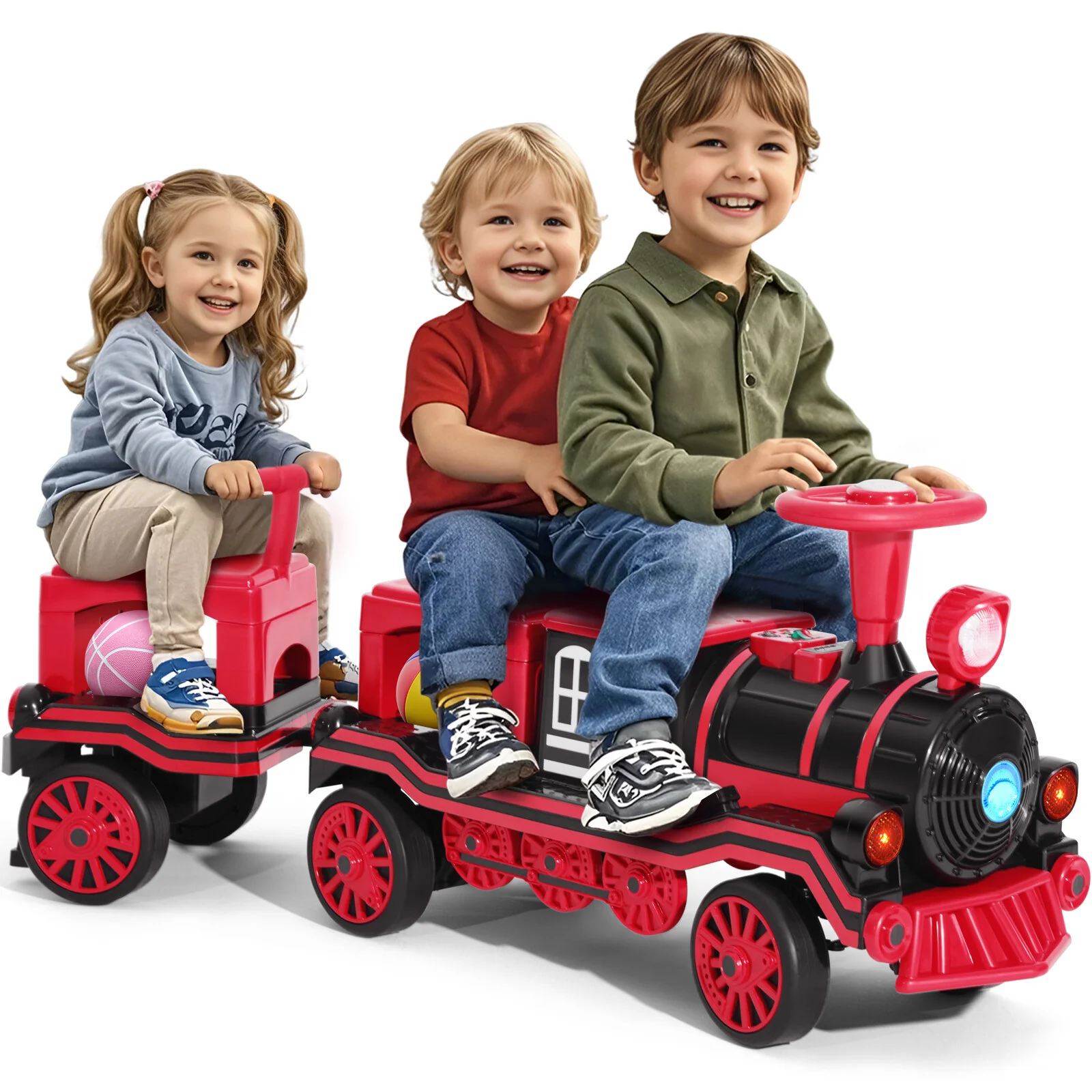 12V Electric 2-Seater Ride-On Train for Kids with Carriage, Music and Lights – Red and Blue