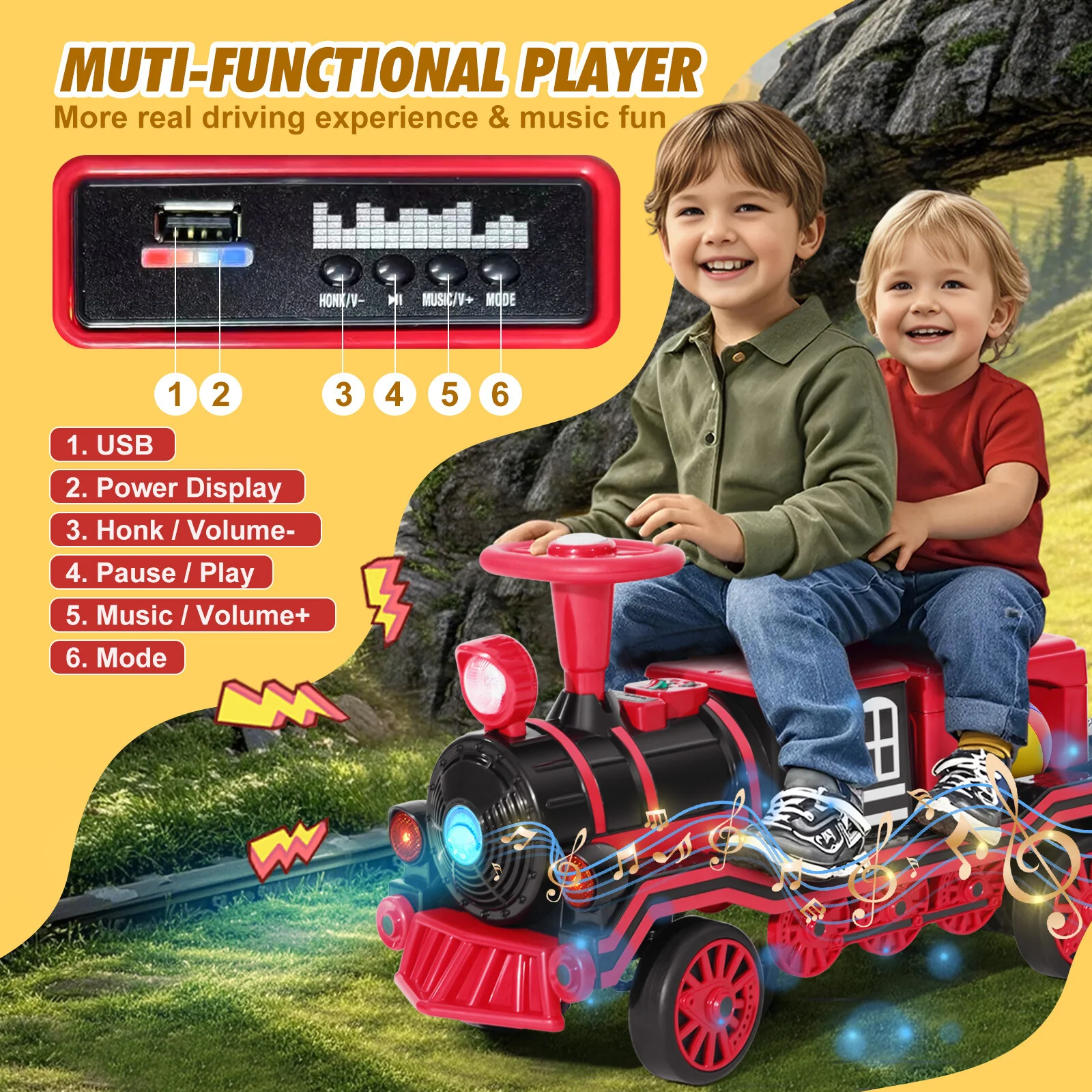 12V Electric 2-Seater Ride-On Train for Kids with Carriage, Music and Lights – Red and Blue - Image 4