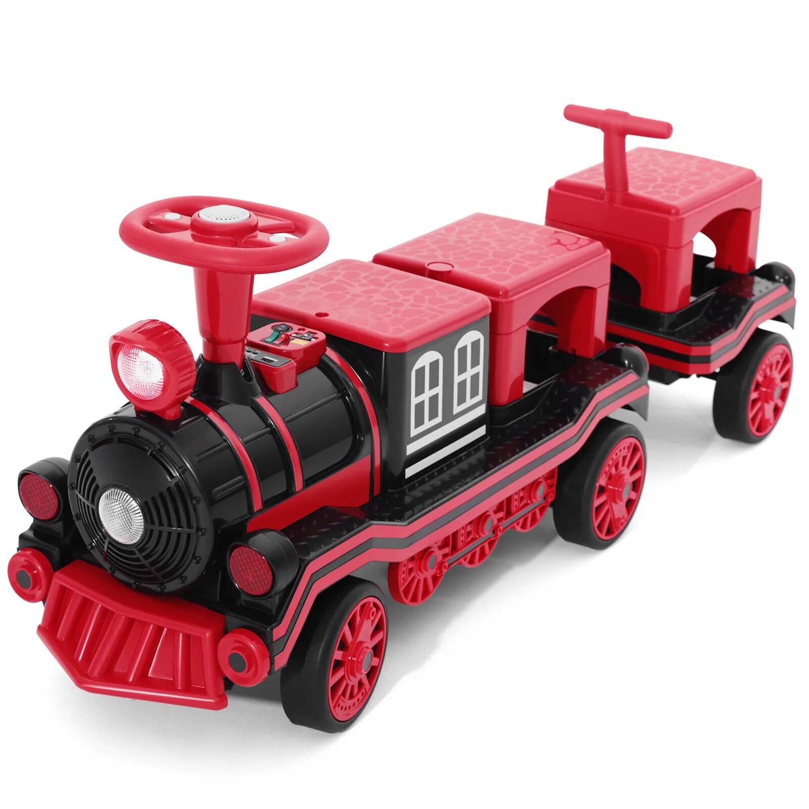 12V Electric 2-Seater Ride-On Train for Kids with Carriage, Music and Lights – Red and Blue - Image 9
