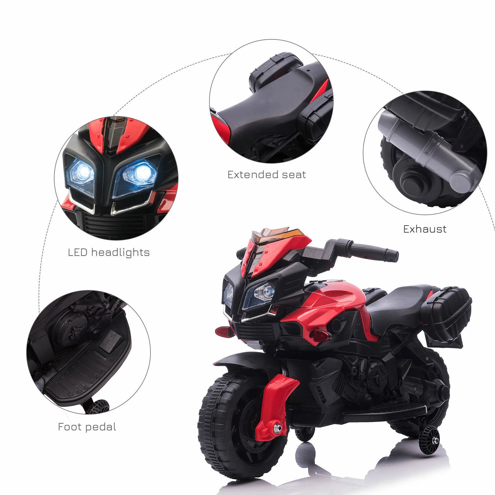 Red Electric Ride-On Motorcycle for Kids with Headlights and Training Wheels - Image 8