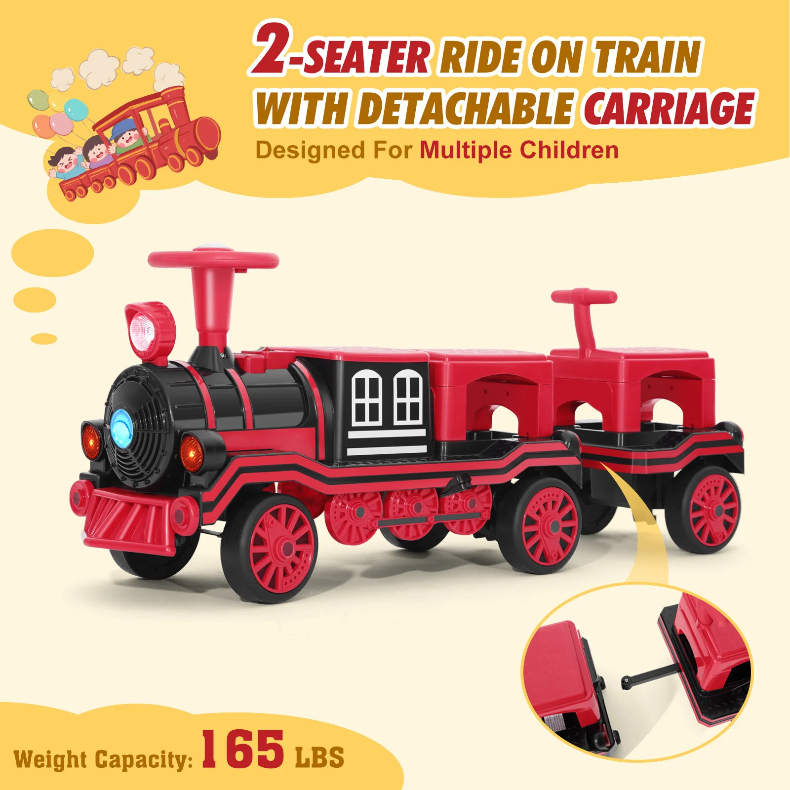 Large Red 12V Electric 2-Seater Kids Ride-On Train with Carriage, Music, Lights, and USB - Image 6
