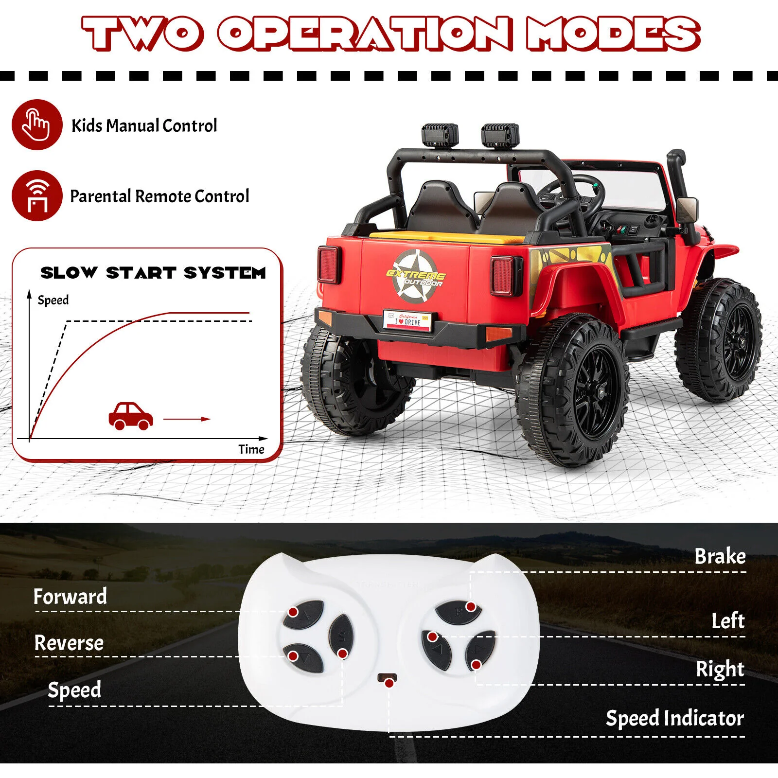 Red Parent-Child Ride On Truck with Remote Control, LED Lights, and Music - 12V 10AH - Image 10