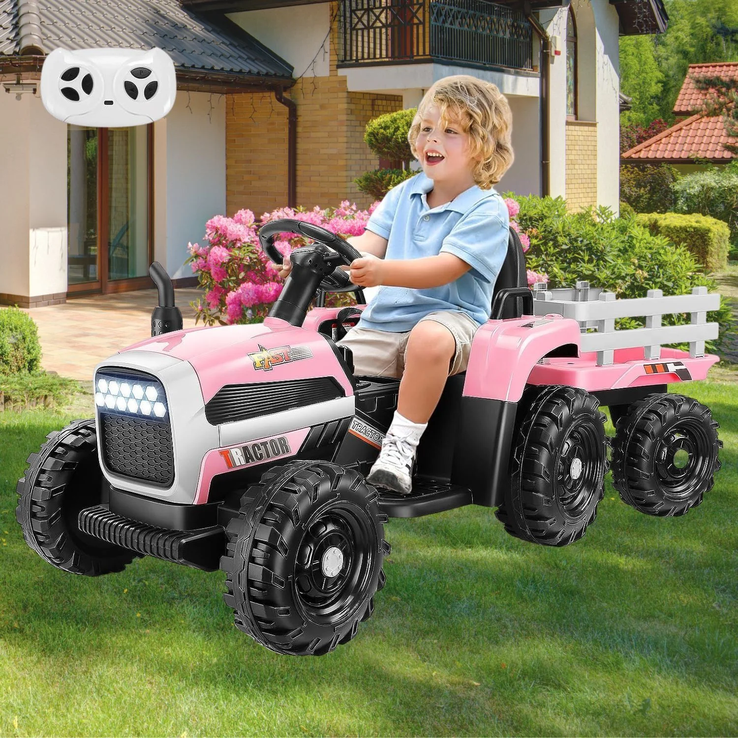 Remote Control Electric Tractor Car with Trailer for Kids - 12V Ride-On Toy - Image 5