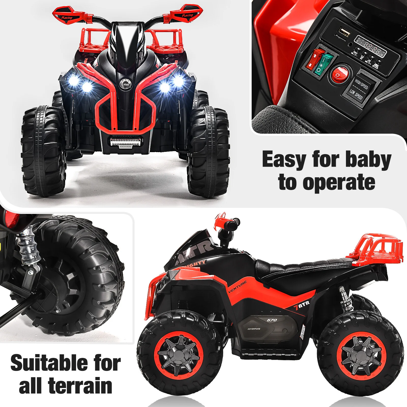 Electric Remote Control Four-Wheeler Ride-On Toy for Kids with Music, LED Lights, and USB Charging - Image 2