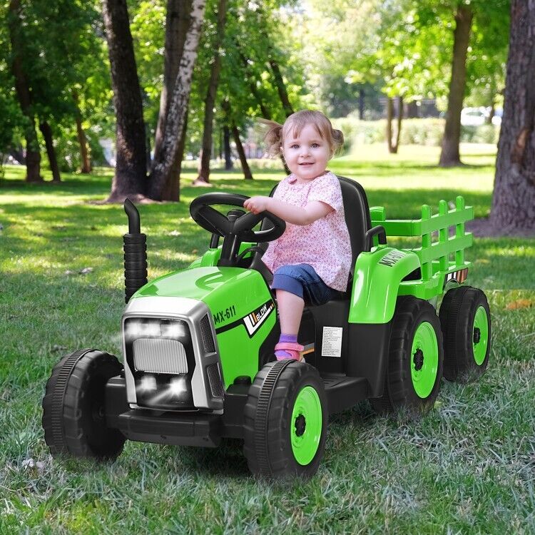 Remote Control Ride-On Tractor with Trailer and Lights for Kids - 12V Ground Loader - Image 2