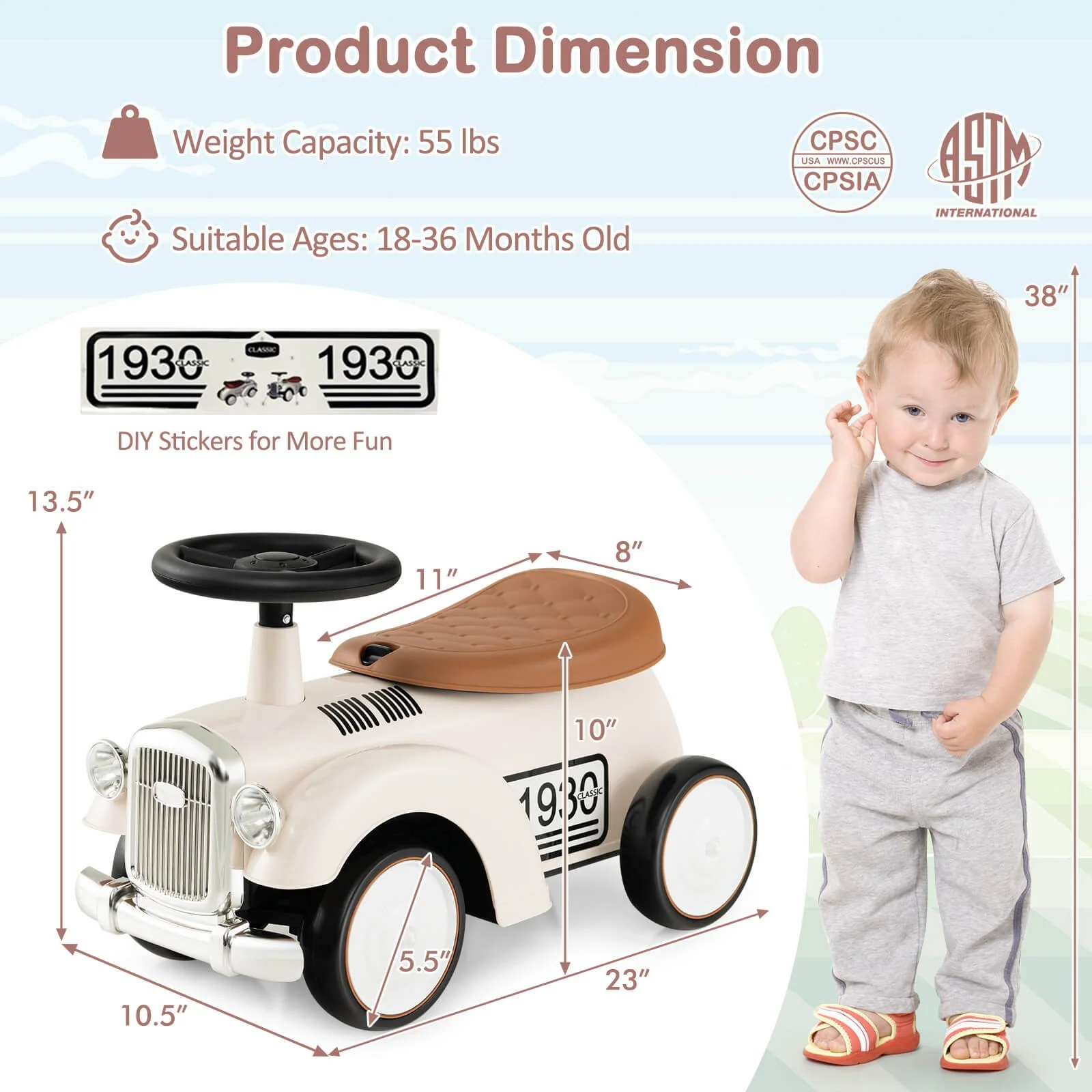 Retro Kids Sit-to-Stand Ride-On Vehicle with Functional Steering Wheel - Image 2