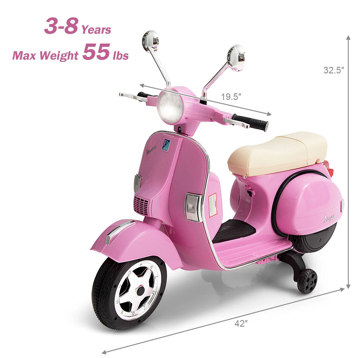 Ride in Style: Pink 6V Kids Vespa Scooter with Training Wheel and Headlight - Image 2