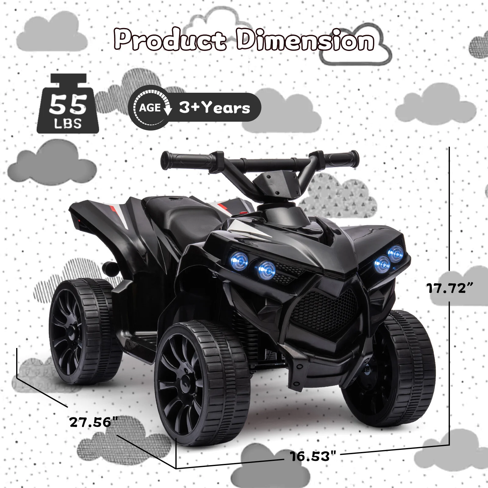 Kids Ride-On ATV Car with Foot Pedal, LED Lights, 1.8 MPH Max Speed, Black - Image 3
