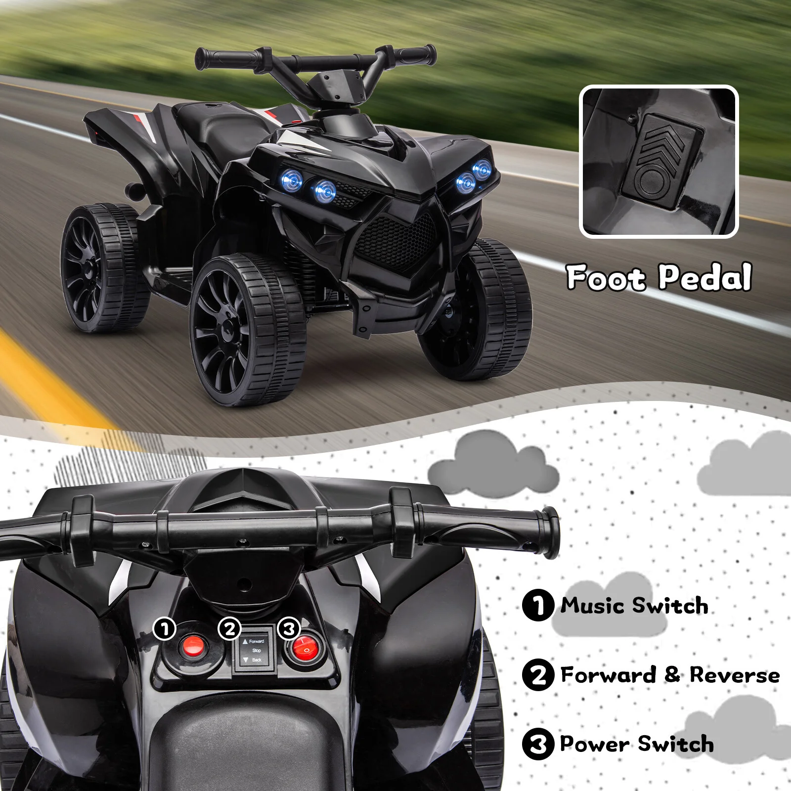 Kids Ride-On ATV Car with Foot Pedal, LED Lights, 1.8 MPH Max Speed, Black - Image 5