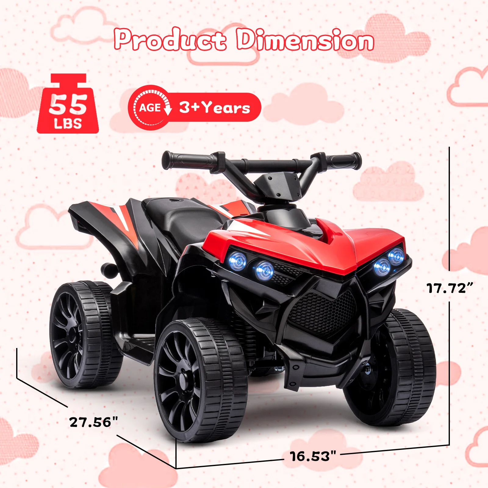 Kids' Red Ride-On ATV with 1.8 MPH Speed, LED Lights, and Foot Pedal Controls - Image 2