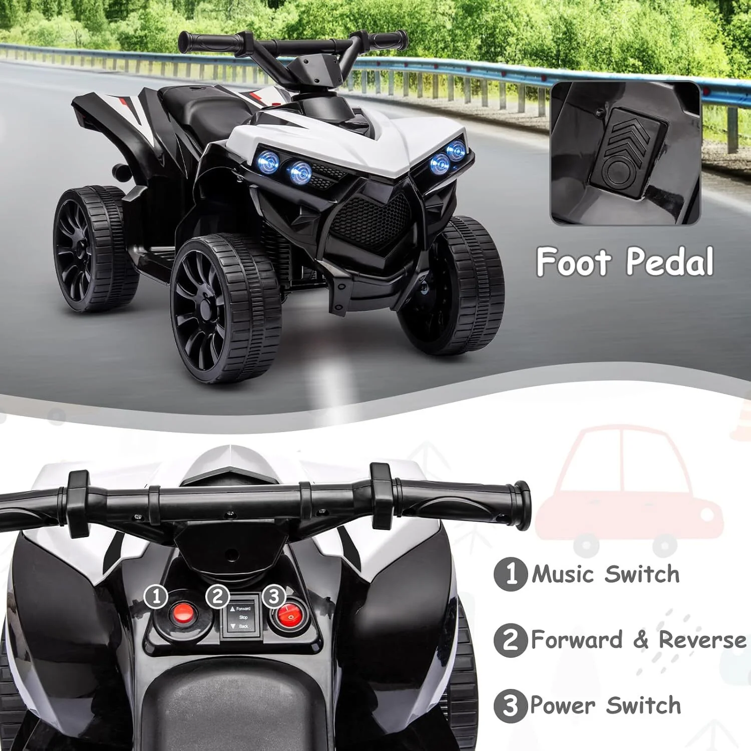 Kids Ride-On ATV with 1.8 MPH Max Speed, LED Lights, Foot Pedal, and Music - Image 3