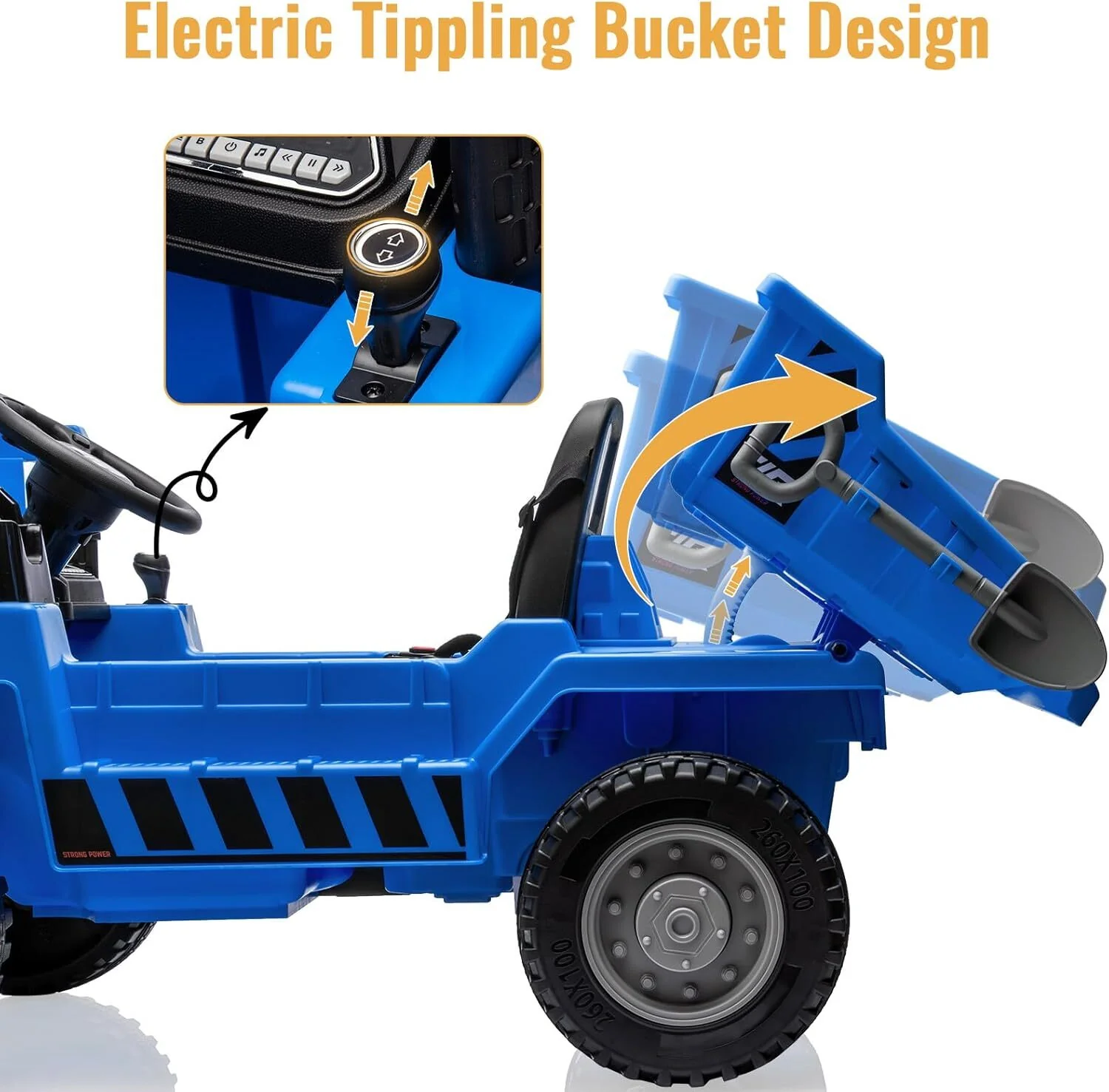 Kids Blue Ride-On Dump Truck with Remote Control and Extra Shovel - Image 3