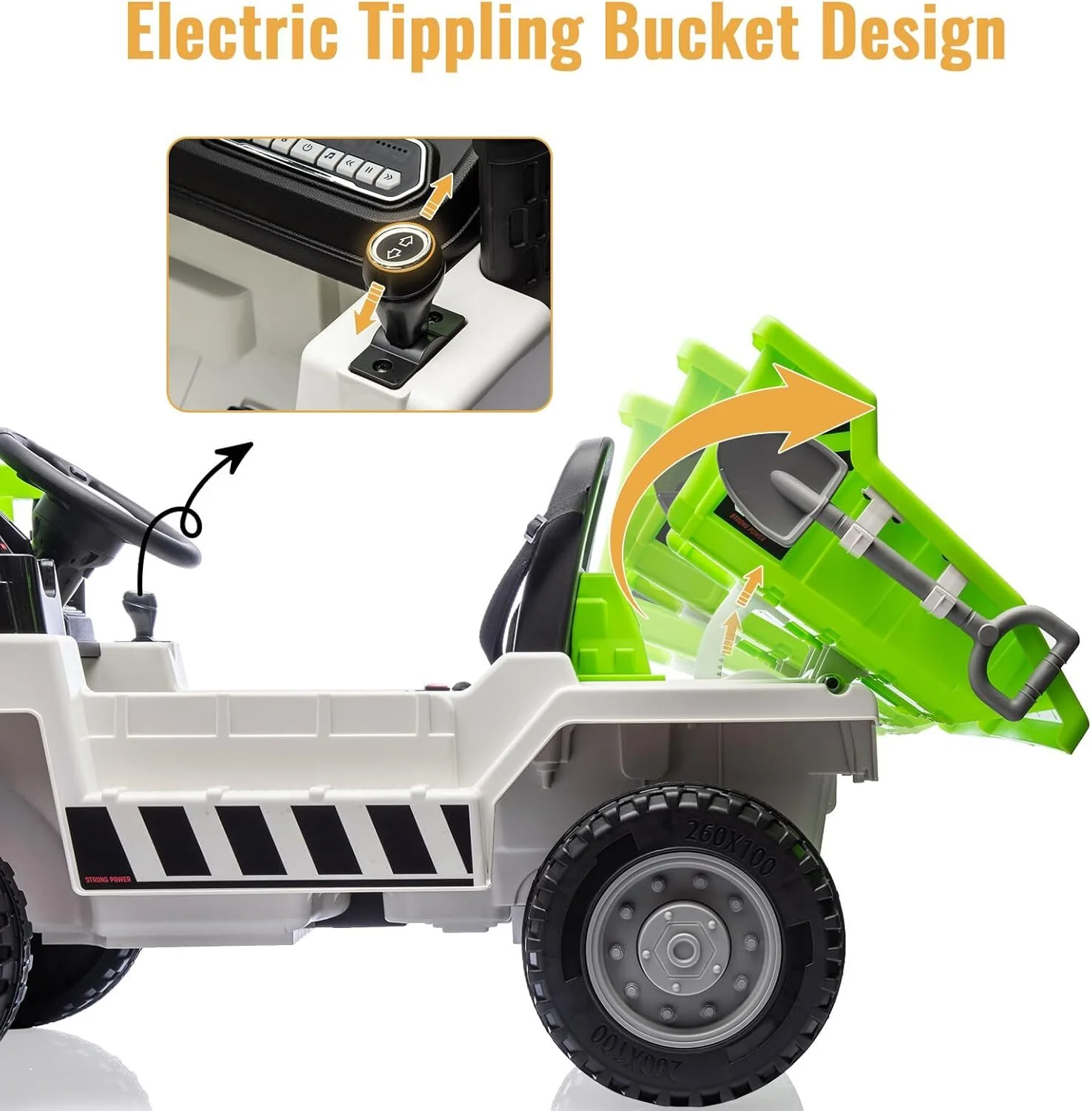 Kids Ride-On Green Dump Truck with Remote Control, Extra Shovel, and Music Features - Image 3