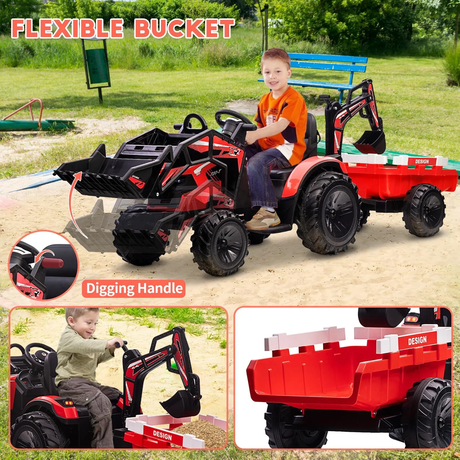 24V Electric Ride-On Vehicle for Kids with Excavator, Bulldozer, and Trailer Attachments - Image 2
