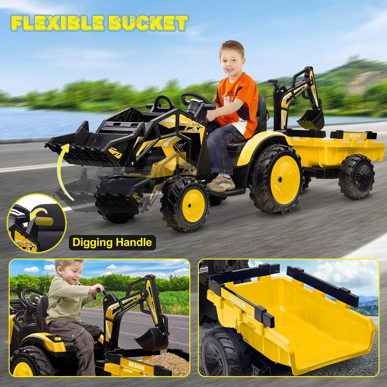 Electric Ride-On Excavator and Bulldozer Vehicle with Trailer for Kids - Image 12
