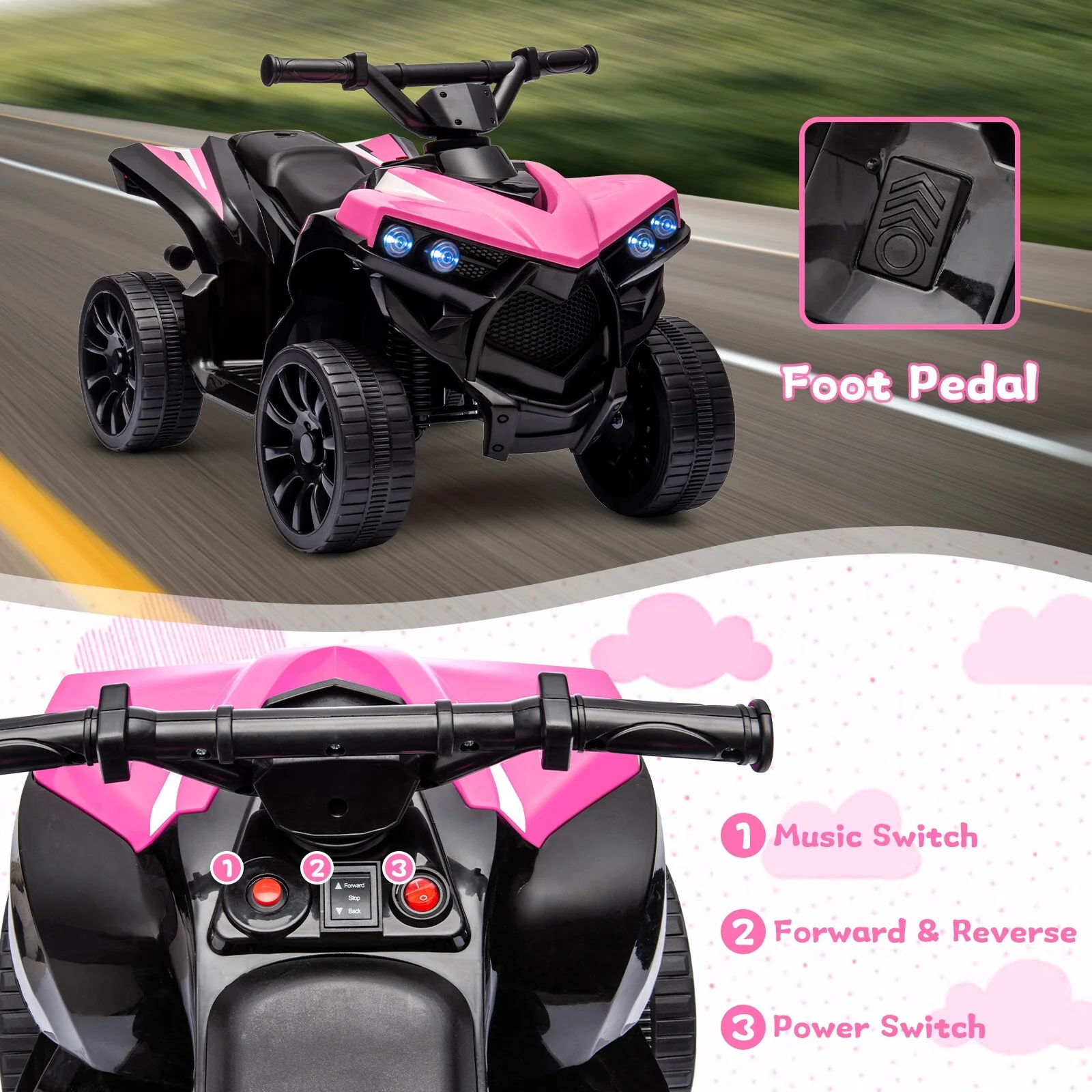 Kids Electric Ride-On ATV with Music and LED Lights, Pink, 55lbs Capacity - Image 7