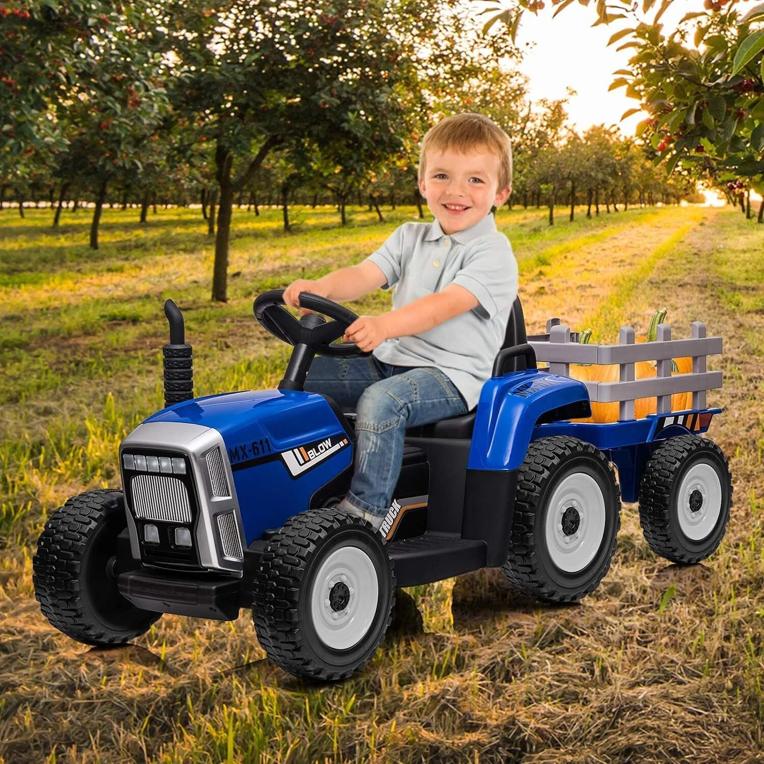 Kids Blue Ride-On Tractor with Trailer, Remote Control, and Headlights - Image 3