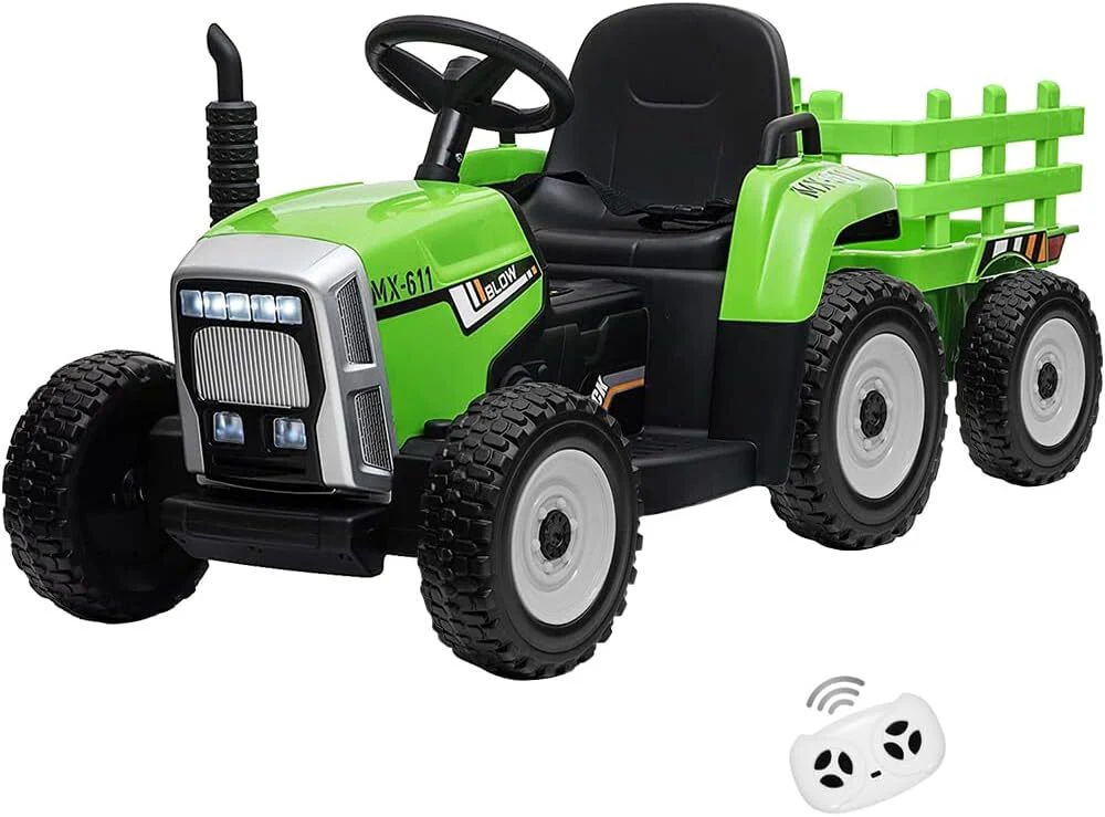Kids Green Ride-On Tractor with Trailer, Remote Control, and Headlights