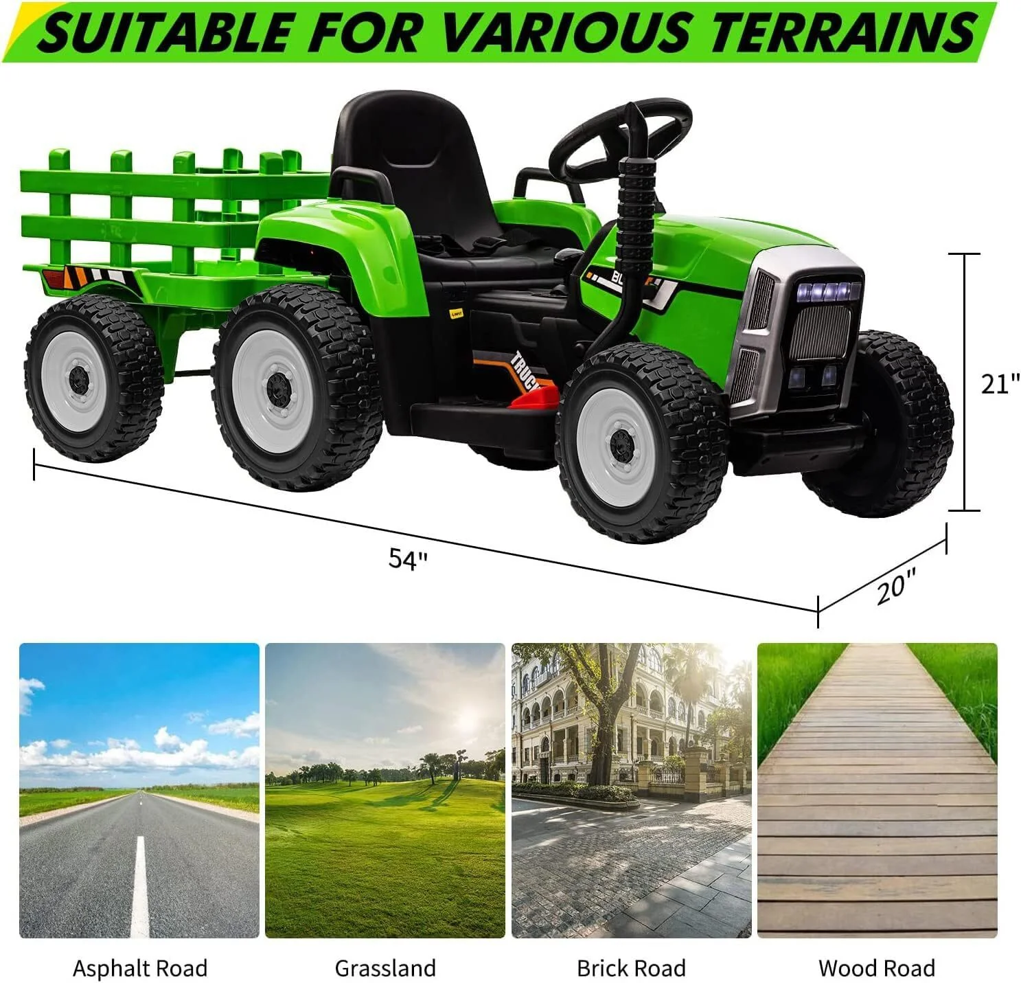 Kids Green Ride-On Tractor with Trailer, Remote Control, and Headlights - Image 2
