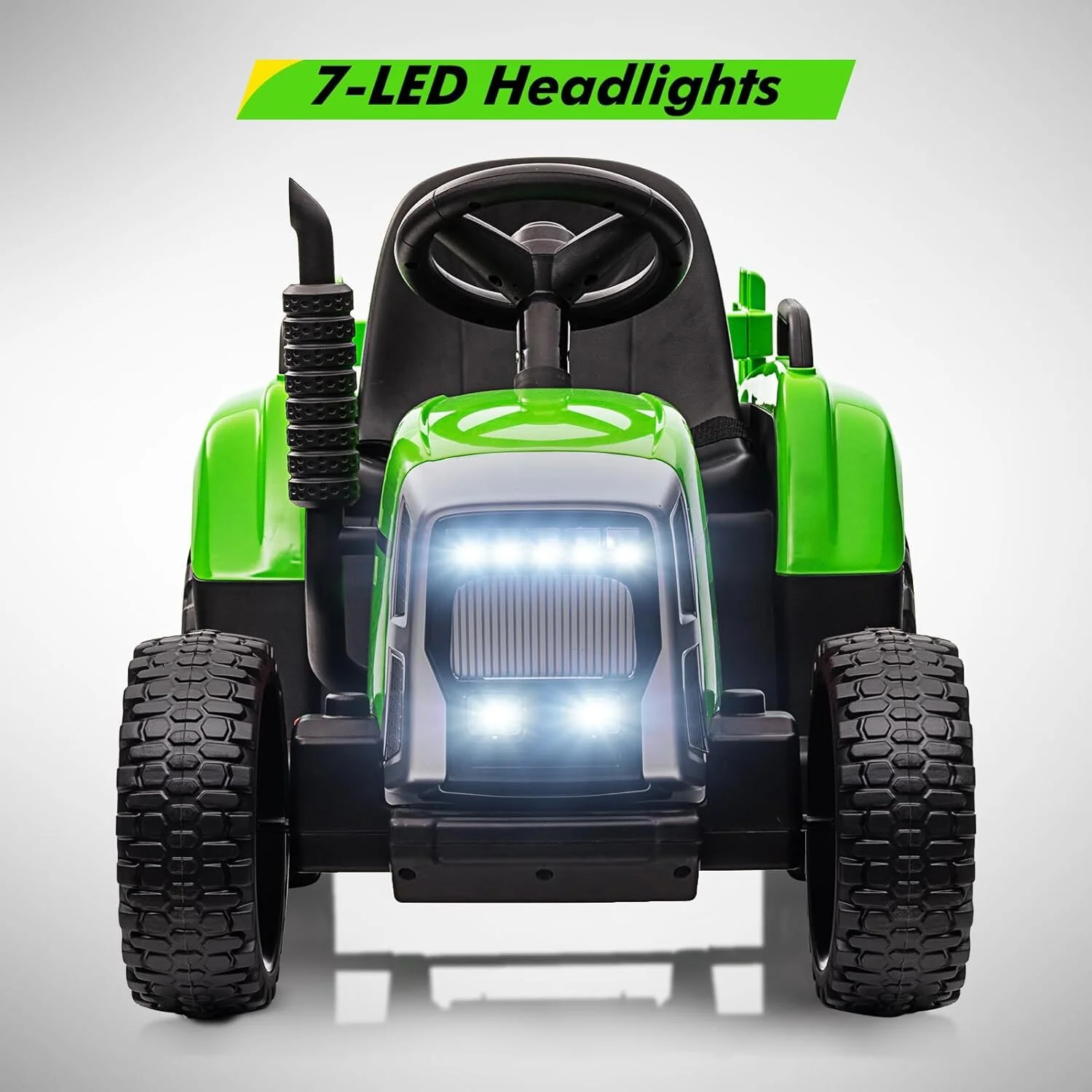 Kids Green Ride-On Tractor with Trailer, Remote Control, and Headlights - Image 3