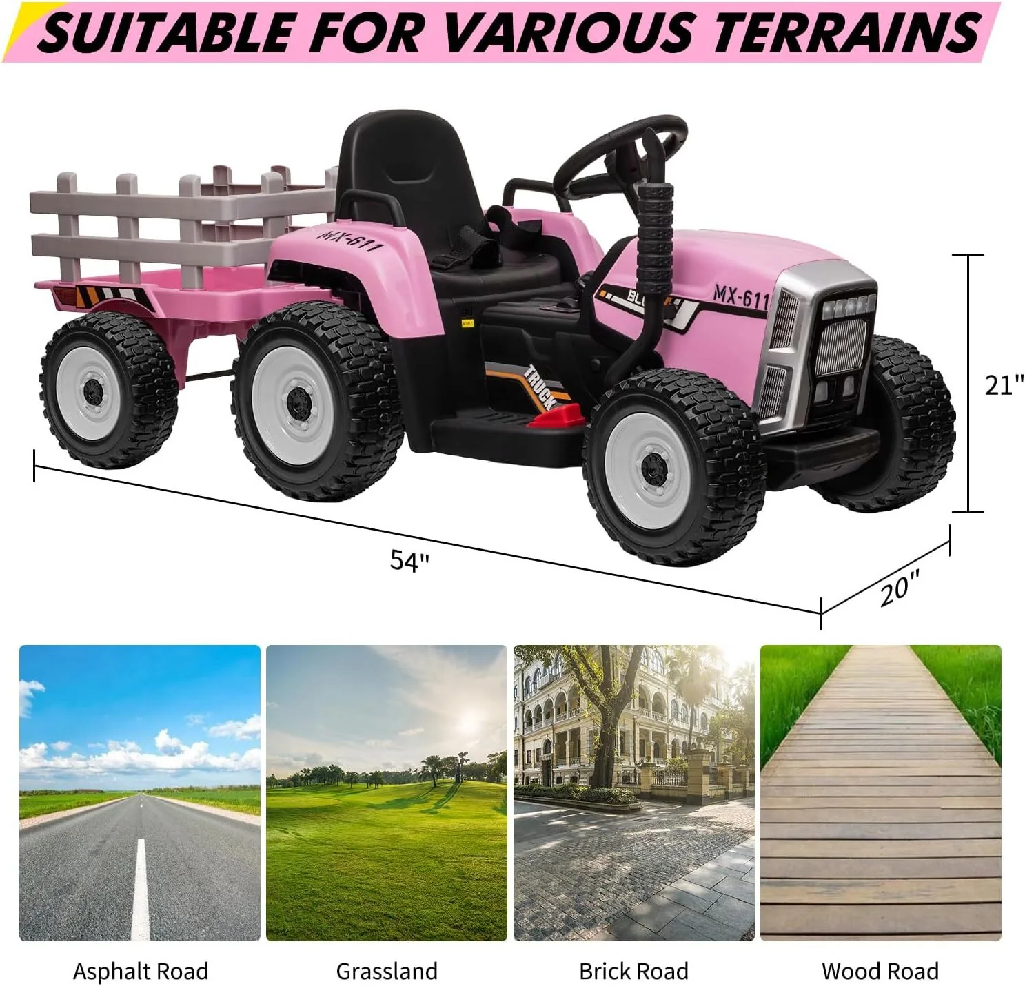 Kids Pink Ride-On Tractor Car with Trailer, Remote Control, and Headlights - Image 2