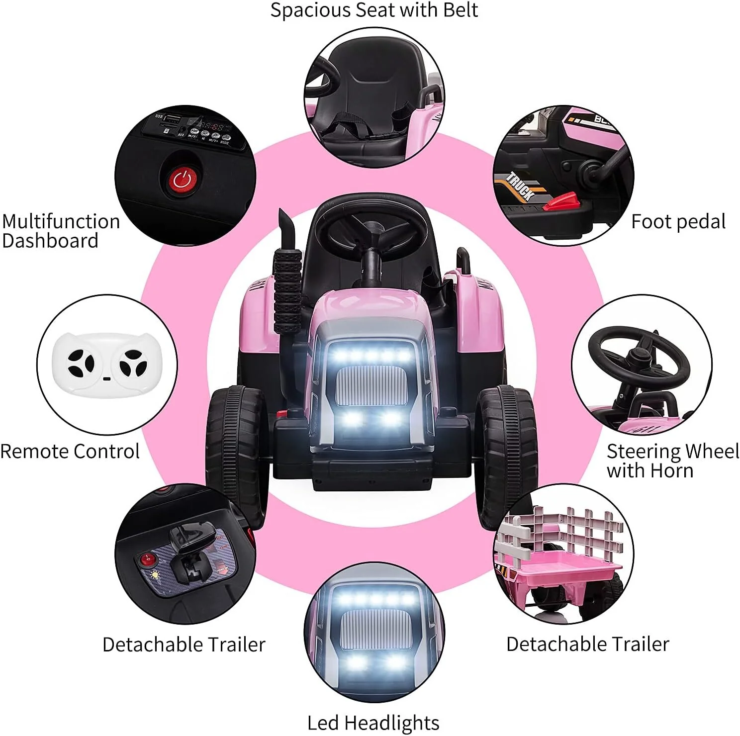 Kids Pink Ride-On Tractor Car with Trailer, Remote Control, and Headlights - Image 4