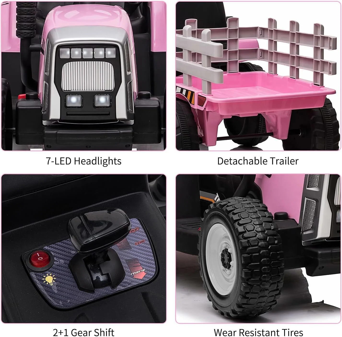 Kids Pink Ride-On Tractor Car with Trailer, Remote Control, and Headlights - Image 7
