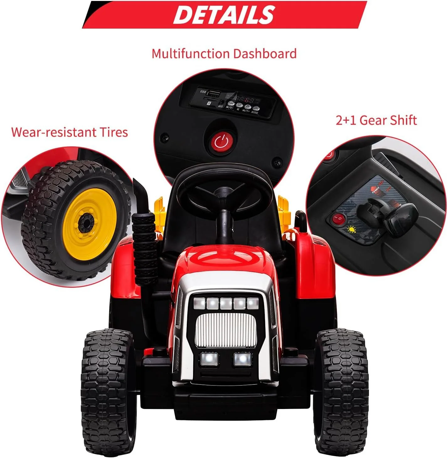 Kids Red Ride-On Tractor with Trailer, Remote Control, and Headlights - Image 6