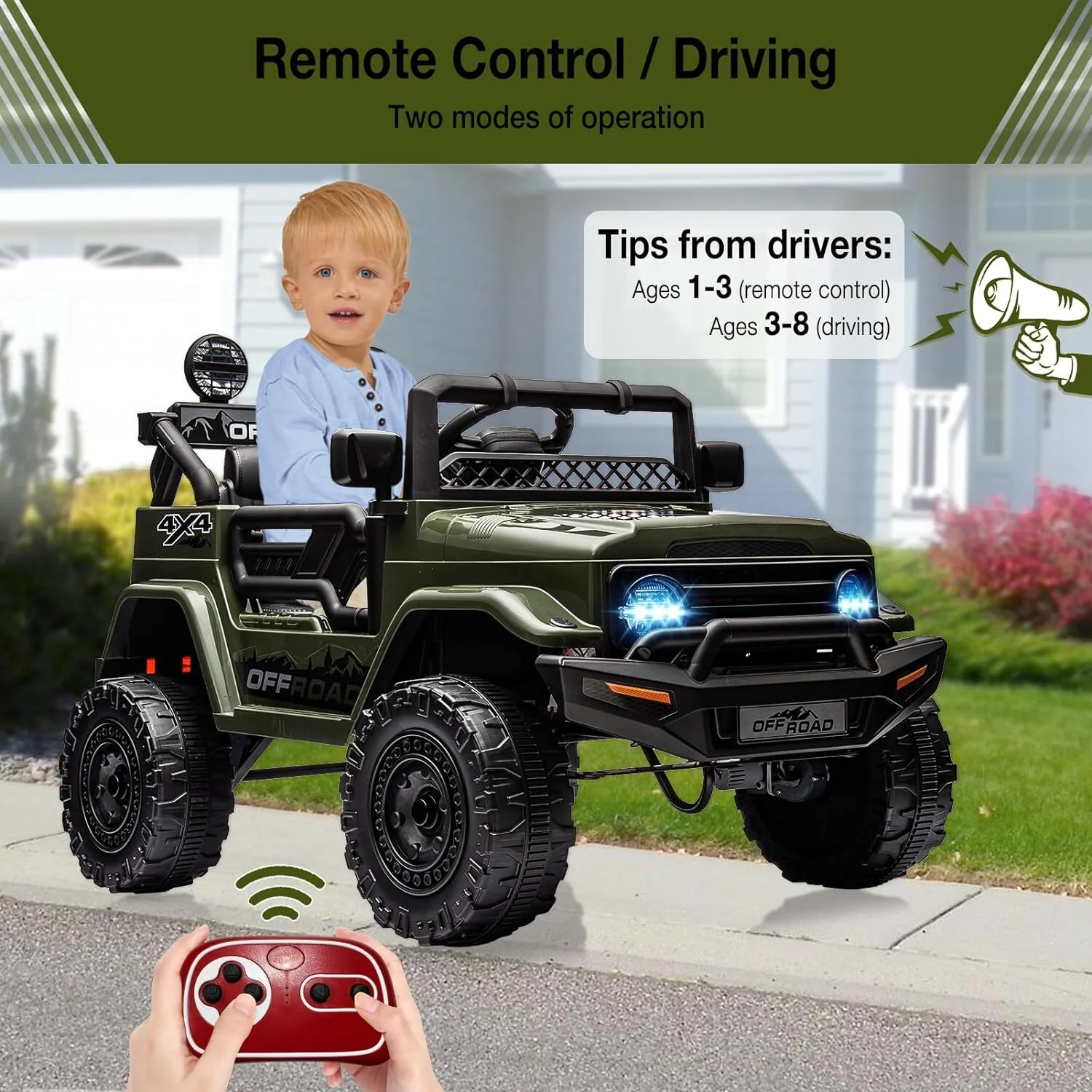 Remote Control Ride-On Truck with Spring Suspension for Kids Ages 3-8 Green - Image 2